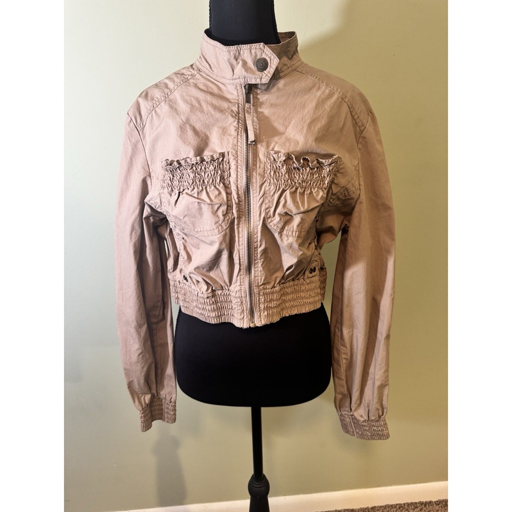 Vintage Y2K Star Brand Jacket L Cropped Ruffle Smocked Utility Moto Tan 2000s